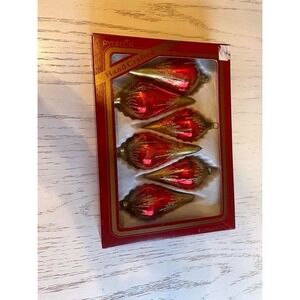 6 VTG Pyramid Glass Christmas Ornaments Glitter Gold Red Handcrafted Teardrop